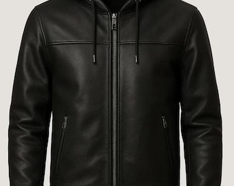 Blouson motard noir à capuche en similicuir homme