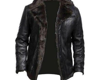 Mens Aviator Shearling Bomber Black Real Sheepskin Leather Jacket