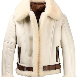Men’s Real Sheepskin Leather Cream Aviator B3 Bomber Jacket with Faux Shearling