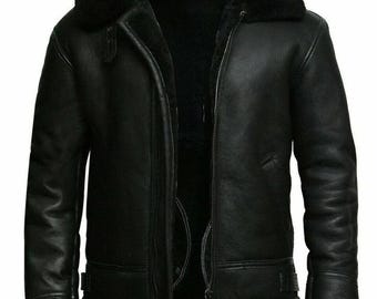 Herren Leder Schaffell Shearling Jacke Aviator Flying FUR B3 BOMBER Pilotenmantel