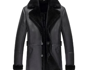 Herren Black RAF Trenchcoat Shearling Schaffell Echte Handgefertigte Lederjacke