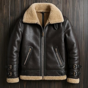 Può includere: Giacca in pelle marrone scuro con colletto e fodera in montone beige. La giacca presenta una cerniera completa, due tasche con cerniera e cinturini regolabili con fibbia sui polsini. Mostrata su sfondo di legno scuro.