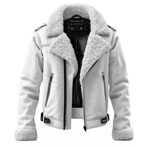 May include: White faux leather jacket with a shearling collar and lining. Features a black zipper closure, two zippered pockets, and adjustable waist straps. The jacket has a classic aviator style.