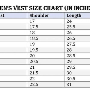 K&ouml;nnte beinhalten: Eine Gr&ouml;&szlig;entabelle f&uuml;r eine Weste mit der &Uuml;berschrift VEST SIZE CHART (IN INCHES). Die Tabelle listet Gr&ouml;&szlig;en von XXS bis 7XL mit den entsprechenden Ma&szlig;en in Zoll f&uuml;r Brust, Schulter, L&auml;nge und Taille in einem Rasterformat auf.