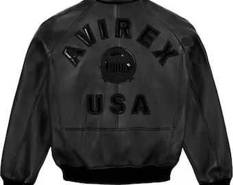 Men's Avirex Black Real Bomber American Flight Jacket 100% Lambskin Leather Jacket