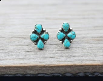 Pendientes de turquesa auténtica - Pendientes de plata de ley 925 - Pendientes de medio racimo - Pendientes de turquesa en forma de pera - Pendientes de turquesa con personalidad