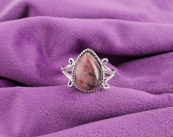 Handmade Rhodonite Sterling Silver Ring: Boho Gemstone Jewelry