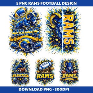 May include: A collection of five PNG designs featuring the Los Angeles Rams football team. Each design showcases the team's logo, a ram's head, and footballs in blue and yellow. The text "RAMS" is prominently displayed in each design.