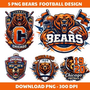 May include: Five Chicago Bears football design PNG images. Each design features a bear illustration in orange, navy, and white. The designs include the text "Chicago" and "Bears", along with football-related elements.