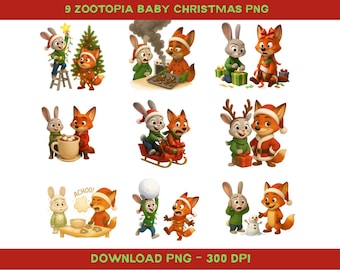 Baby Christmas Animal Duo Clipart, Cute Holiday Bunny & Fox PNG Bundle, Winter Kids Illustration Set, Instant Download 300 DPI