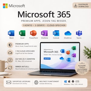 Könnte beinhalten: Werbebild für Microsoft 365. Das Bild zeigt das Microsoft-Logo, den Produktnamen und Symbole für Word, Excel, PowerPoint, OneNote, Outlook, OneDrive und Teams. Der Text hebt Premium-Apps, Cloud-Speicher und Gerätekompatibilität hervor.