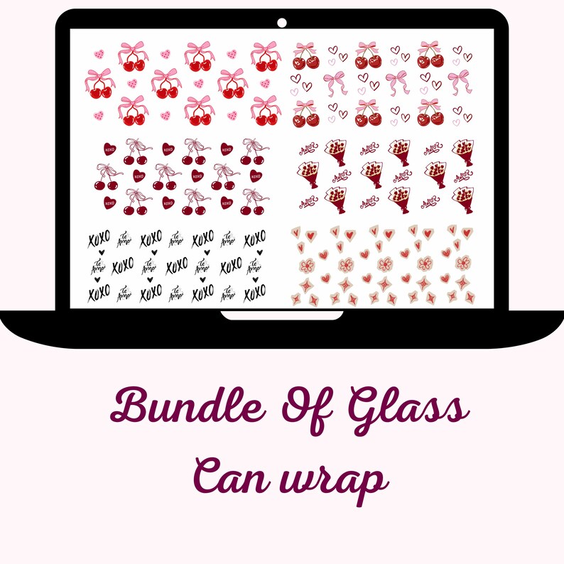 Pu&ograve; includere: Uno schermo di un laptop mostra vari design per involucri di vetro. I design includono ciliegie con fiocchi, cuori, bouquet e il testo "xoxo". La combinazione di colori &egrave; rosso, rosa e bianco, con uno sfondo rosa chiaro.