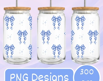 Kokette blaue Schleife 16 Unzen Libbey Glasverpackung, Bögen Libbey Wrap, Band png, Frühling Libbey Glasschale, Bänder Libbey wrap, PNG für UV DTF 16 Unzen