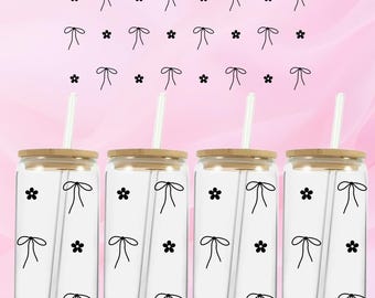 16 Unzen Libbey Glasdosen-Verpackungs-Bundle Herz Daisy Designs | Kokette Schleife Glasdosenverpackung | Herzen & Blumen Libbey Cup Wrap | UV DTF Design