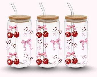 Valentine Cherry Bow Glass Can Wrap Bundle, PNG, 16 Unzen Libbey Full Wrap PNG, Rosa Herzkeks Niedlich Girly, Kokette Liebesästhetik, XOXO Wrap