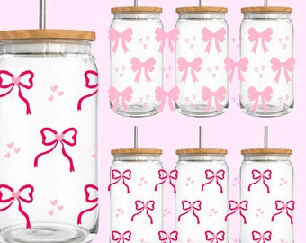 Coquette Bow 16 Unzen Libbey Glasverpackung, Bögen Libbey Wrap, Band png Libby, Frühling Libbey Glasschale, Bänder Libbey Wrap, PNG für UV DTF 16 Unzen Wrap