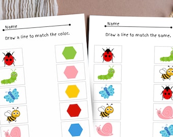 Druckbare passende Arbeitsblätter, passend zum Bild, passend zur Farbe Kindergarten Vorschulaktivität, Busybook, Lernseiten