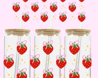 Coquette Erdbeerdose Wrap Png, Sublimation, Erdbeer Libbey, Frühling Libbey Glasschale, 16 Unzen Libbey Wrap, PNG für UV DTF 16 Unzen Wrap png
