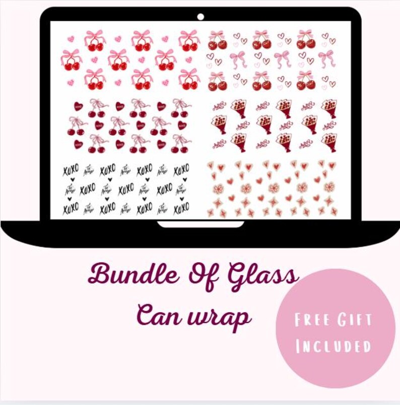 Pu&ograve; includere: Uno schermo di laptop mostra vari disegni di adesivi, tra cui ciliegie, fiocchi, cuori e bouquet. I disegni sono in tonalit&agrave; di rosso, rosa e nero. &Egrave; presente anche il testo "XOXO". Sotto, il testo recita "Bundle Of Glass Can wrap".