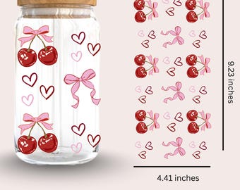 Coquette Cherrys Libbey Wrap, Kirschen Coquette Libbey, Strawberry Bow Libbey Glass Wrap, PNG für UV DTF 16oz Wrap, digitaler Download