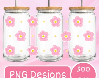 Floral Libbey Glasdose, Libbey Can Gänseblümchen, Libbey Glas, Gänseblümchen Glasbecher, Blumen Libbey Dose, PNG für UV DTF 16 Unzen Wrap