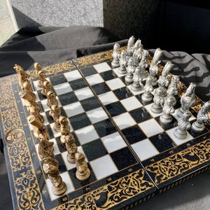 Black Acrylic Egyptian Chess Set, Unique Chess Board, Golden Silver Chess Pieces, Backgammon Set, Luxurious Gift for Men Birthday