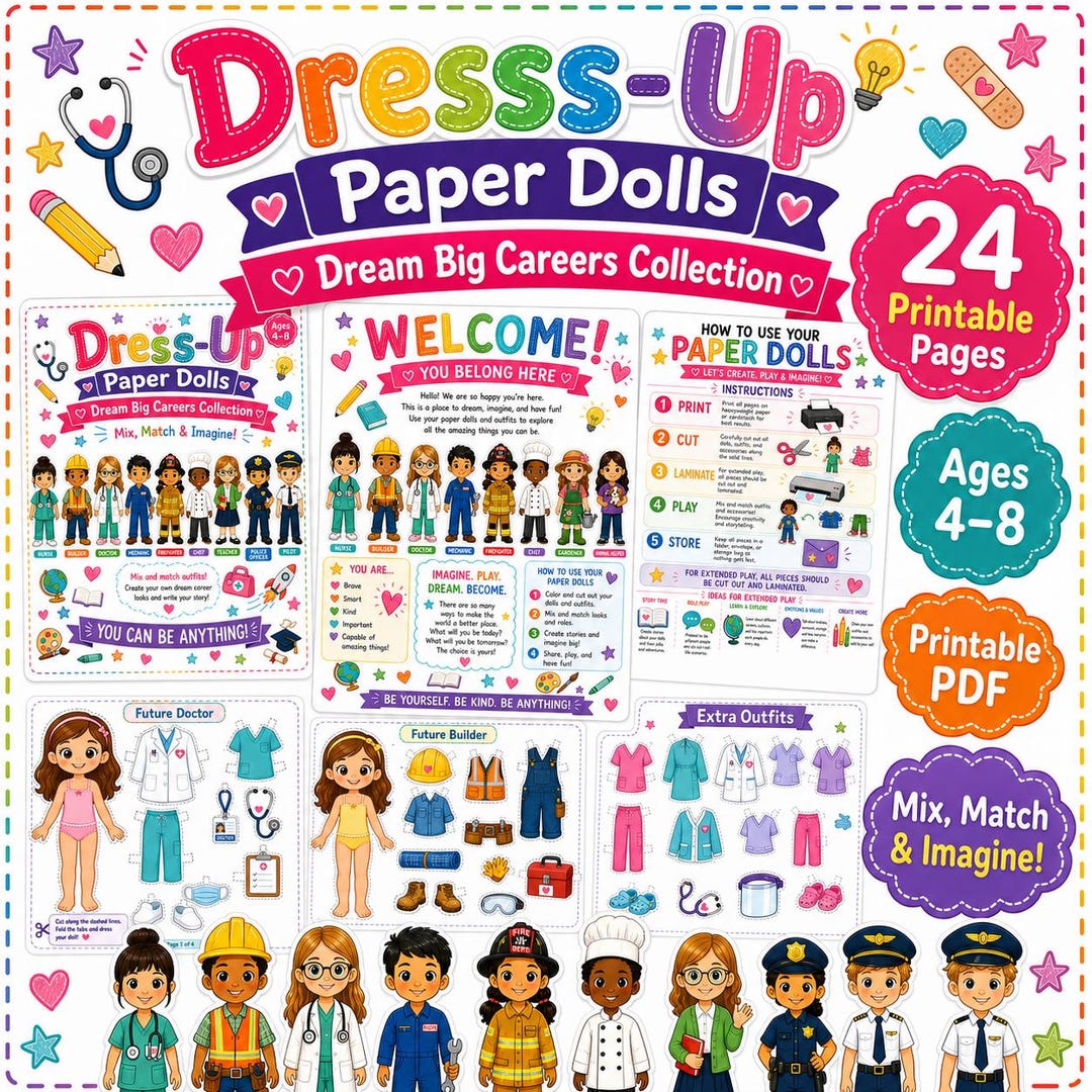 Dress up Paper Dolls Printable, Career Paper Dolls for Kids, Community ...
