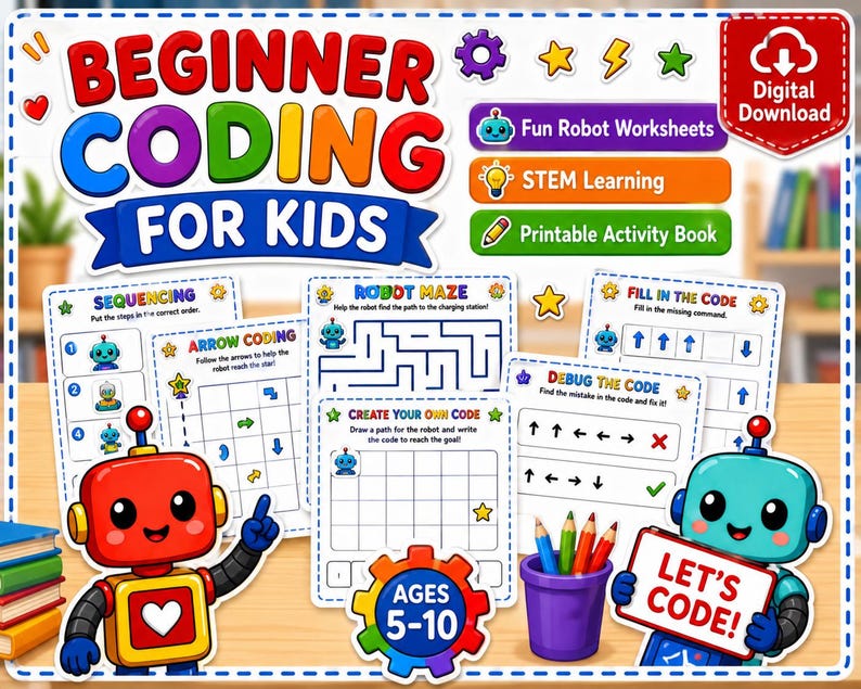 Kids Coding Activity Book Printable Beginner Coding Worksheets | STEM ...