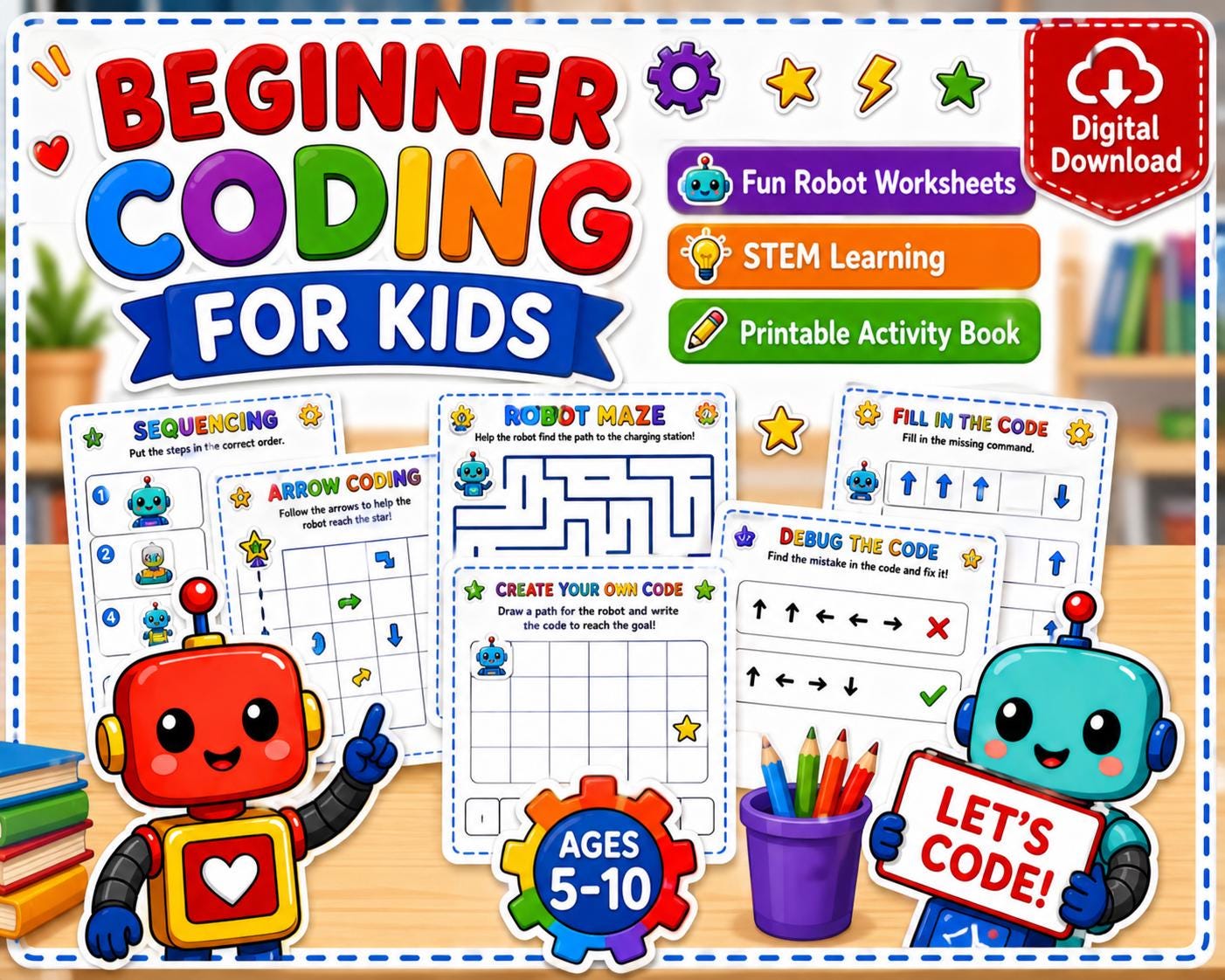 Kids Coding Activity Book Printable Beginner Coding Worksheets | STEM ...