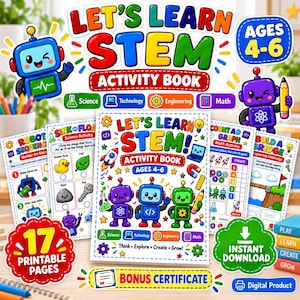 May include: A Let's Learn STEM activity book for ages 4-6 featuring colourful illustrations of robots, science icons, and educational tasks. The set includes 17 printable pages, a bonus certificate, and various maths, science, and engineering activities.