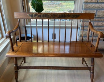 ヴィンテージ　ホールベンチ Vintage L. Hitchcock Hall Bench: 1970s Black & Gold Stenciled