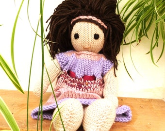 Soft Unique Handmade 12" Doll, Hand Knitted To Last in Merino Wool, Lovely Brown Hair Girl, Rag Doll Style, Traditional Doll With Dress