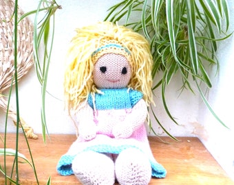 Beautiful Hand Knitted 12" Blonde Doll, Heirloom Quality With Knitted Wool Dress. Rag Doll Style Made With Merino Wool,  Best Gift for Girl,