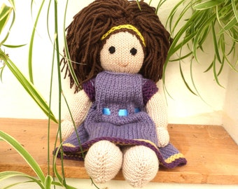 12" Hand Knitted Doll, Soft Handmade Brown Hair Doll,  Unique Heirloom Traditional Gift for Baby. Rag Doll Style Kniited With  Merino  Wool