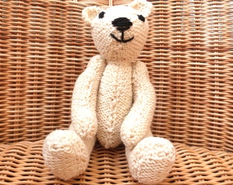 White Ecru 8" 100% Wool Hand Knitted Teddy Bear, Handmade To Last, Vintage Style, Traditional Present, Knitted Heirloom With Lambswool Fill