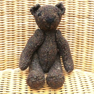 Dark Brown 8" Teddy Bear, Handmade Vintage Style, Hand Knitted with 100% Pure Shetland Wool with a Tweed effect in the colouring.