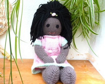 Lovely Hand Knitted Black Doll, Unique Hand Made African Doll Knitted in Soft Gorgeous Merino Wool, Perfect Gift , Heirloom To Last