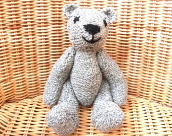 Hand knitted 8" Grey Teddy Bear, Handmade Light Grey Bear Knitted in 100% Wool, Traditional Bear Perfect Gift for All, Unique Heirloom