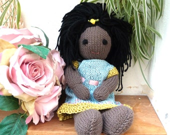 Unique Soft 12" Black Doll, Lovely Handmade African Doll, Handknitted in Merino Wool With Knitted Dress, Rag Doll Style, Gift  For girl