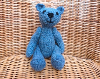 Blue 8" Bear 100% Wool Handknitted Teddy Bear, Handmade To Last, Vintage Style, Traditional Present, Knitted Heirloom With Lambswool Fill