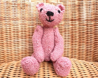 Sweet Little Handknitted 8&quot; Pink Teddy Bear, Traditional Vintage Style Bear With Articulated limbs, Handmade in 100%  Wool Teddy Bear.