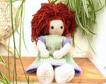 Lovely Soft Hand Knitted Merino Wool 12" Doll.  Red Hair, Traditional Handmade  Ginger Hair Rag Doll Style, Gorgeous Gift for Girl or Baby,