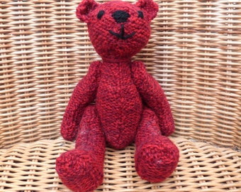 Red Marl Effect 8" handknitted Red Teddy Bear, Lovely Handmade Vintage Style Bear, Traditional Knitted Bear Made Entirely With 100% Wool