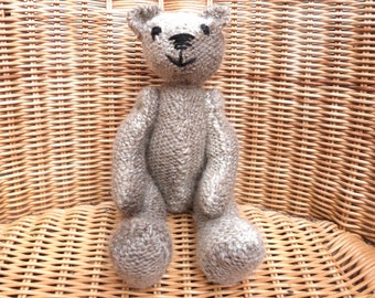 Handmade 10" Teddy Bear Handknitted in Very Soft British Undyed Wool, Gorgeous Bear Made with Variegated Two-Tone Cream. Brown and Grey Wool