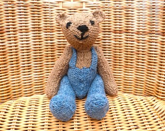 8" Handmade Handknitted Light Brown Teddy Bear with Integral Blue Rompers. Hand Knitted Brown  Bear,Traditional Teddy Bear, 100%  Pure Wool