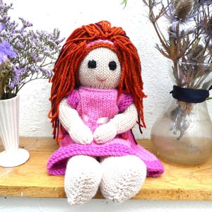Hand Knitted 12&quot; Red Hair Doll. Handknitted in Wool With Removable Pink Dress. Traditional Handmade Rag-Doll Style Doll with Ginger Hair