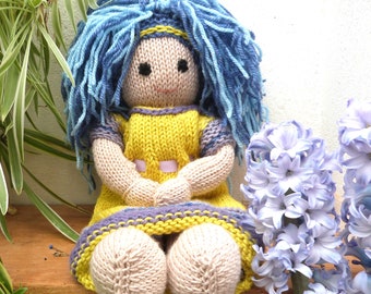 Unique Soft handmade 12" Blue Hair Doll, Handknitted Special Heirloom Wool Rag-Doll Style Doll with Handknitted Dress. Perfect Gift