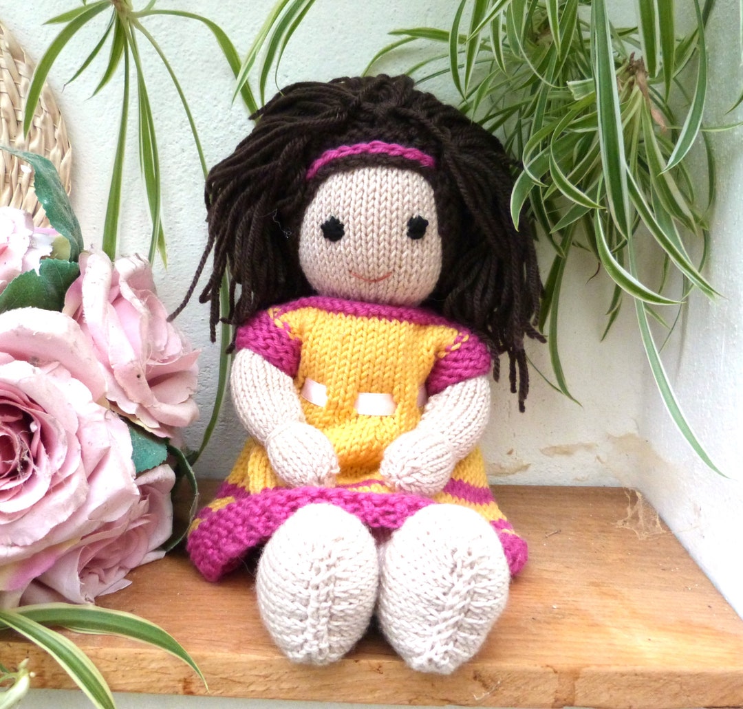 Lovely Soft 12 Hand Knitted Doll, Handmade Brown Hair Doll, Heirloom