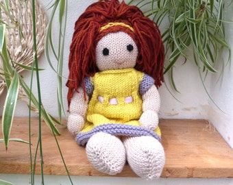 Lovely Soft Hand Knitted Merino Wool 12" Doll.  Red Hair, Traditional Handmade  Ginger Hair Rag Doll Style, Gorgeous Gift for Girl or Baby,