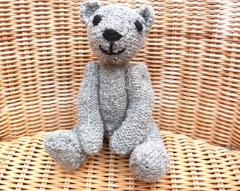 Hand knitted 8&quot; Grey Teddy Bear, Handmade Light Grey Bear Knitted in 100% Wool, Traditional Bear Perfect Gift for All, Unique Heirloom Gift